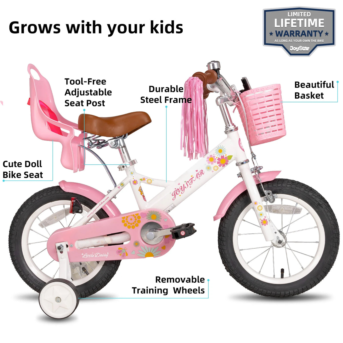 JOYSTAR Little Daisy Kids Bike for Girls Ages 2-7 Years, Bikes with Doll Bike Seat & Streamers,Bikes with Flag & Number Plate