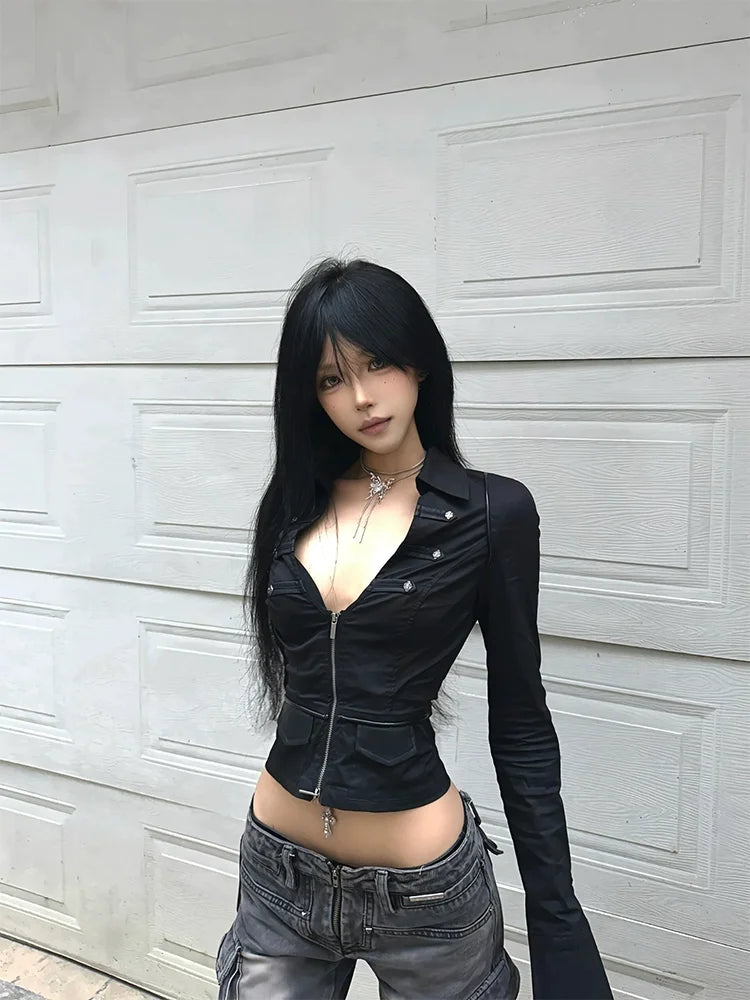Tonngirls Vintage T Shirt Women Skinny Square Collar Y2k Black Shirt Tops American Retro Tshirtd Female Punk Tops Bodycone