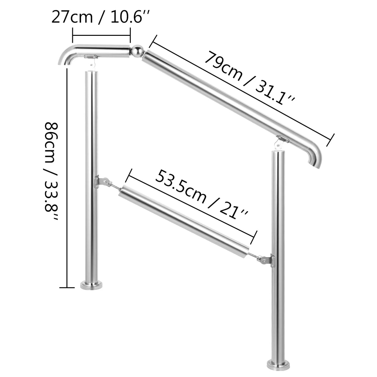 SucceBuy 3-5 Step Railing Stainless Steel Transitional Handrail Fit For Level Surface Adjustable Stair Railing Safely Downstairs