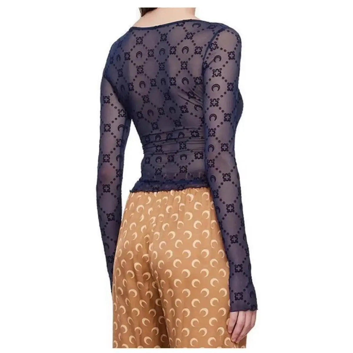 Sexy Top Women Long Sleeve Korean Sweet Spicy Hollow Out Mesh Plush Moon Print Perspective Design Mushroom Edge Tight Tshirt