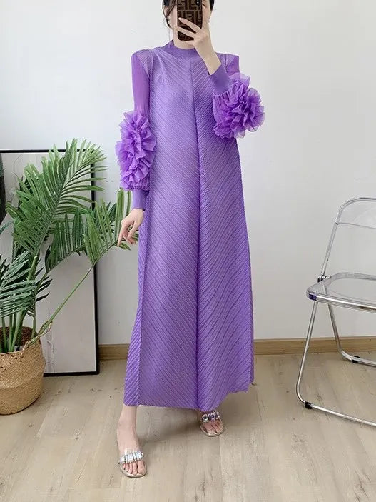 YUDX Luxury Purple Miyake Pleated High Neck Maxi Evening Dress, Ruffle Sleeve Women's Wedding Guest Ramadan Party Dress 2026 New