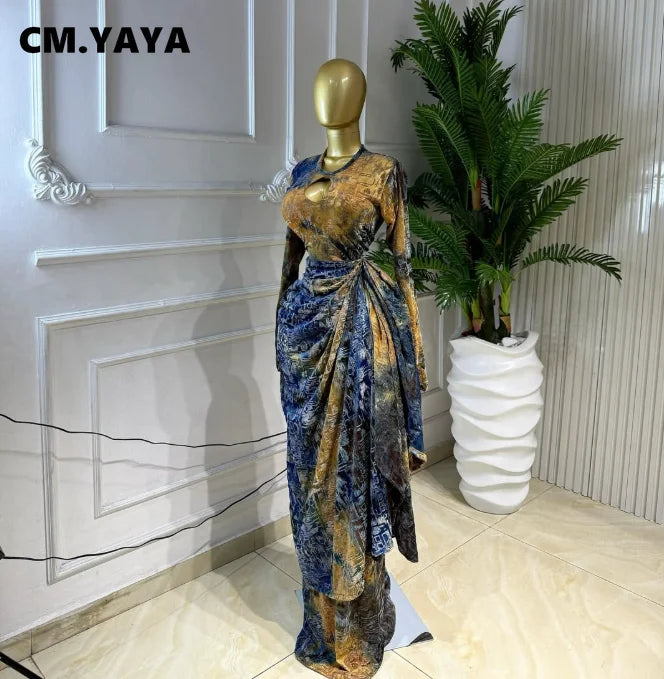 CM.YAYA Women Tie Dye Print O-neck Ruched Ribbon Long Dress 2026 Fall Street Evening Birthday Beach Party Vestidos Sexy Dresses