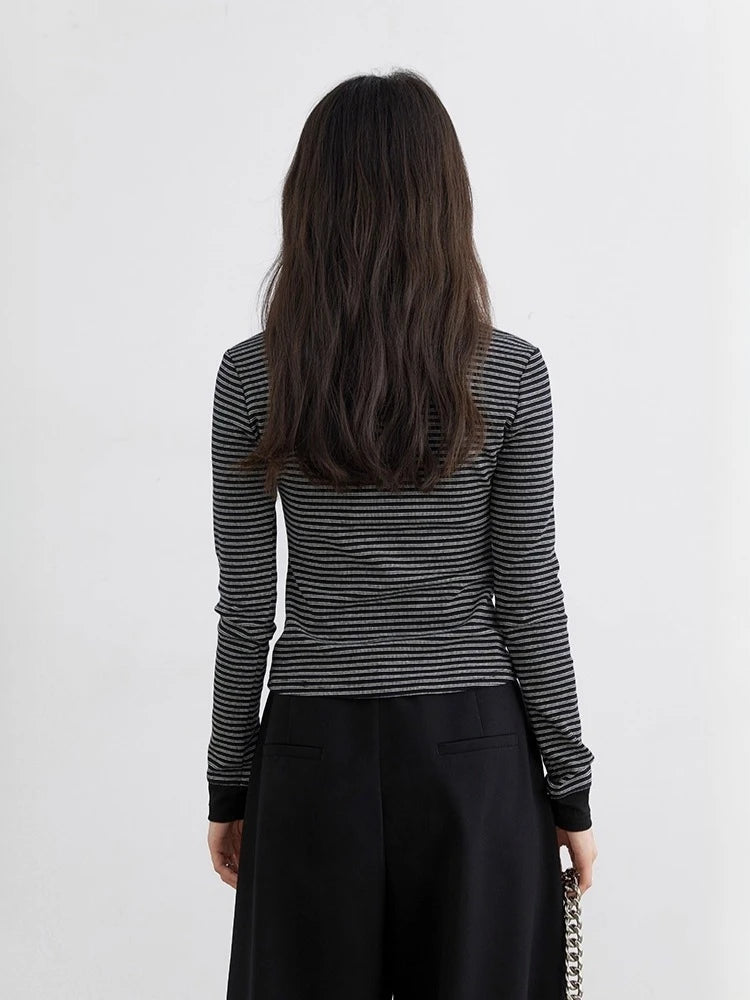 CHIC VEN Women T-Shirts New Contrast Color O Neck Slim Fit Striped Long Sleeved Knitted Tees Base Female Top Autumn Winter 2025