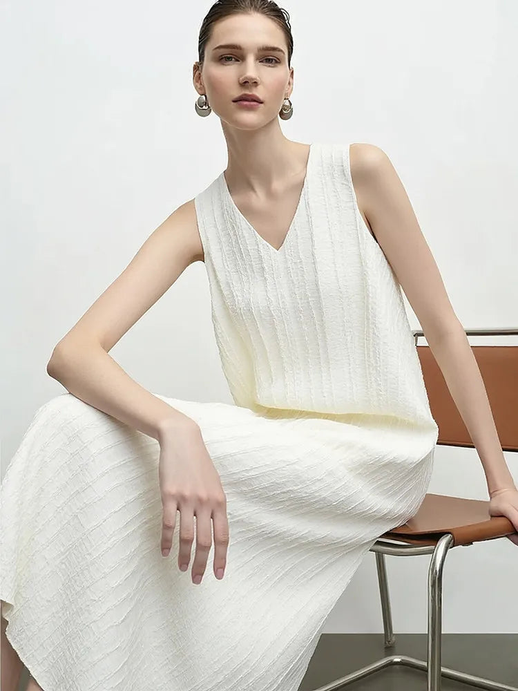 Amii Women's Casual Dresses 2026 Summer V Neck Belted Fringed Jacquard Elegant Sleeveless A-Line Midi Dress For Women 12652075