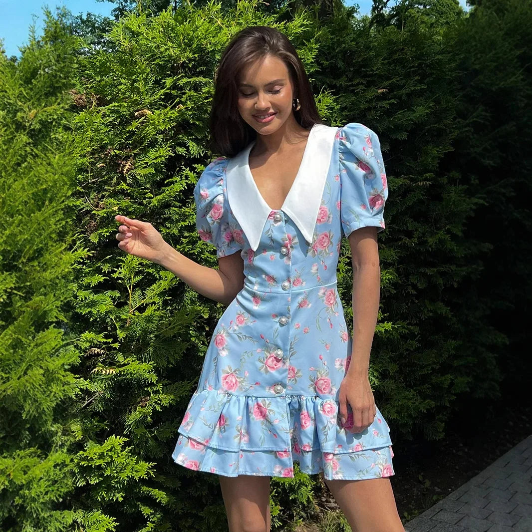 Original Light Luxury V-neck Bubble Sleeve Chiffon Dress Spring and Summer Women's Sweet Slim Commuting Vacation Leisure Dress