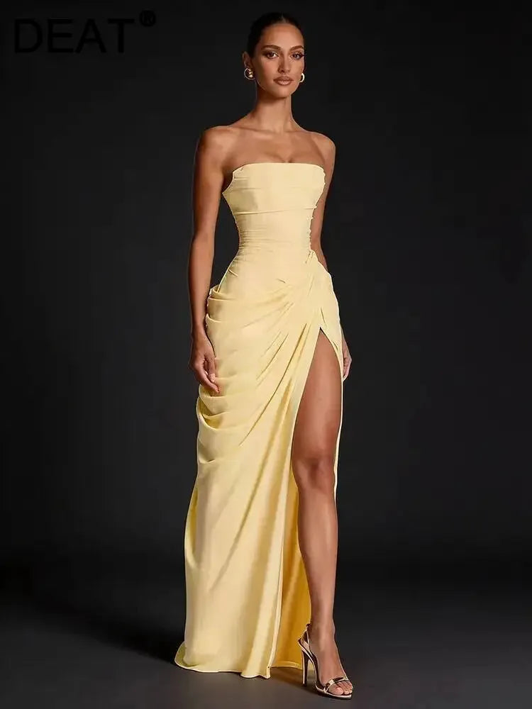 DEAT Fashion Ruched Slit Strapless Dresses Women's Sleeveless Bodycon Yellow Maxi Party Dresses New 7A4256