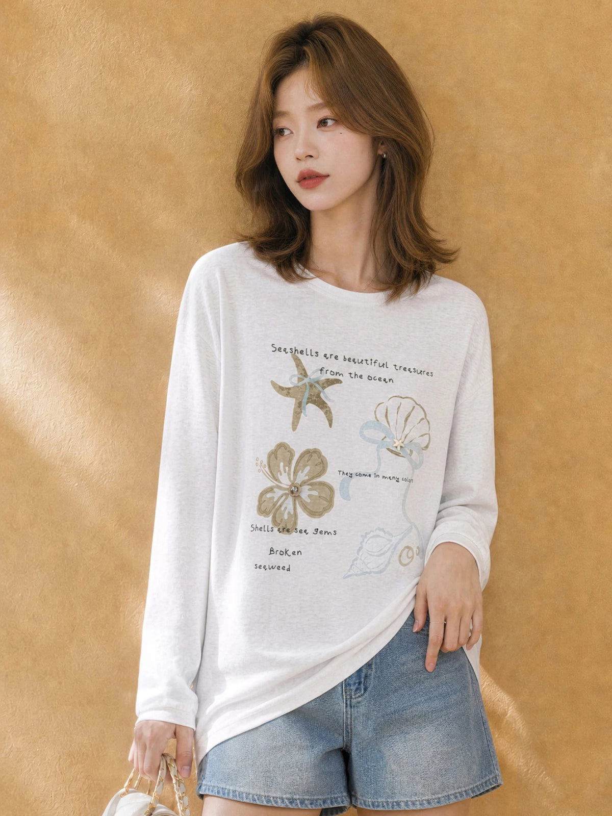 XIAOGULI Women's Off Shoulder T-shirt 2026 Autumn Starfish Print Korean Style Cotton Loose Fit Irregular Chiffon Ruffle Hem Top