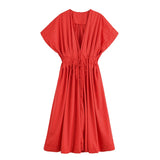 HH Women's Summer Fashion V-neck Lace-up Midi Short Sleeve Dress Female Elegant Backless Pleated Sexy Waist Long Dress