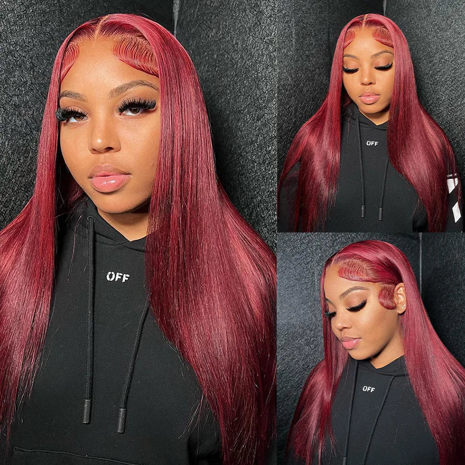 99J Burgundy 13x6 Colored HD Lace Front Wig Human Hair Wigs PrePlucked Premium Red Peruvian Straight Lace Frontal Human Hair Wig