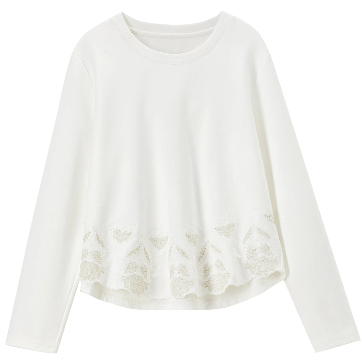 SENTUBILA Women Off White Long Sleeve T-Shirt 2026 Autumn Fall Ladies Tees Embroidery Cotton Blend Knitted Tops Woman 163TG7320
