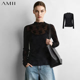 Amii Women's T-Shirts Mock Neck 2026 Autumn Long Sleeve Jacquard Lace Knitted Tops Slim Elegant Commute Woman Cloting 12623032