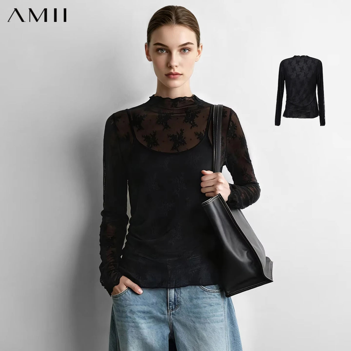Amii Women's T-Shirts Mock Neck 2026 Autumn Long Sleeve Jacquard Lace Knitted Tops Slim Elegant Commute Woman Cloting 12623032