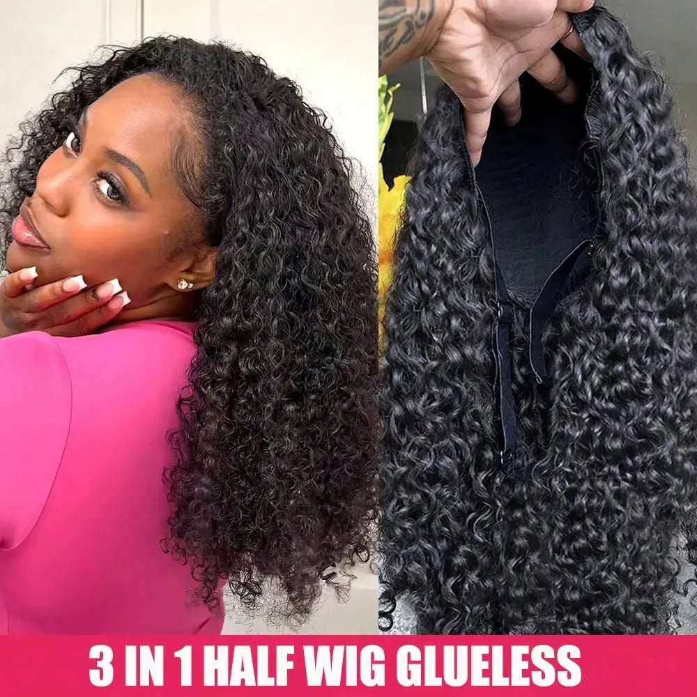 3 In 1 Half Wigs Human Hair Afro Kinky Curly Half Wig With Drawstring