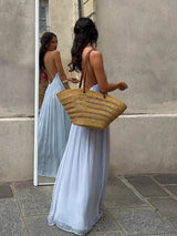 Sexy Women's Solid Color Pleated Long Dress Elegant Sleeveless Suspender Backless Slim Fit Dresses Beach Party Women's Robe