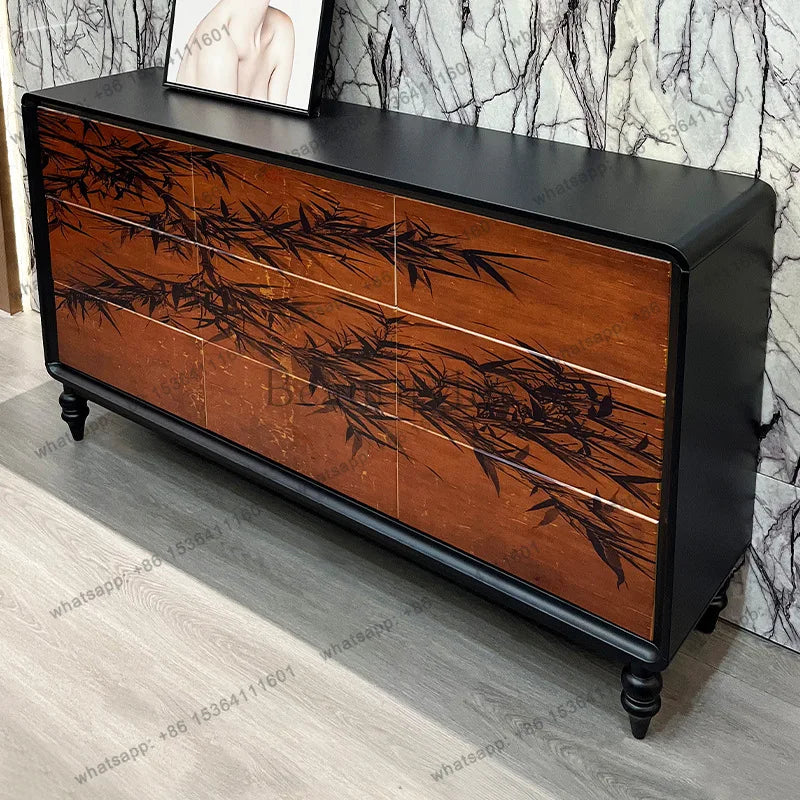 D14 Medieval ink bamboo solid wood bucket cabinet, living room storage, bedroom decorative storage cabinet