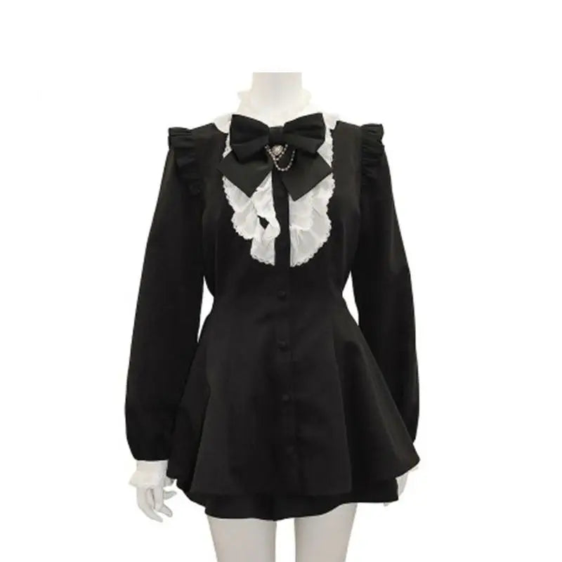 Japanese Style Gothic Y2k Lolita Plaid Rhinestone Bow Dress Shorts Set Sweet Women Puff Short Sleeve Button Shirt Party Dresses