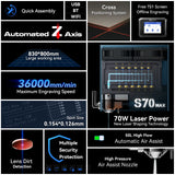 SCULPFUN S70 Max 70W Laser Engraver Cutting Machine 50L Air Assist Kit 830*800mm Engraving Area One-Click Auto-Focus For Glass