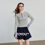 TOYOUTH Long Sleeve T-shirt 2025 Autumn New Spliced Plaid Cotton Slim Fit Short Base Shirt Tops