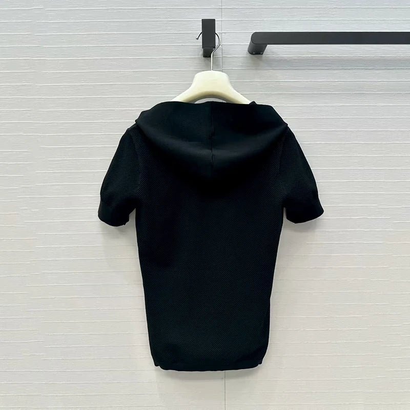 Women's t-shirt New elastic knitted short sleeved top for autumn 2025 Hooded slim fit V-neck pullover Women's corset y2k hoodie