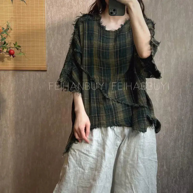 2026 New Arrival Summer Arts Style Women Batwing Sleeve Vintage Loose Tops Tees Patchwork Design Cotton Linen Plaid T-shirt F69