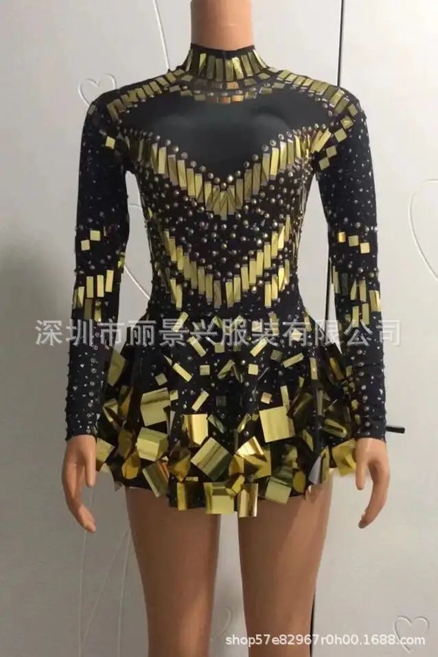 Fashion Stretch Sequins Mirror Dress Women Bodysuit Dancewear Long Sleeve Drag Queen Costume Rave Festival Night Out BodySuits