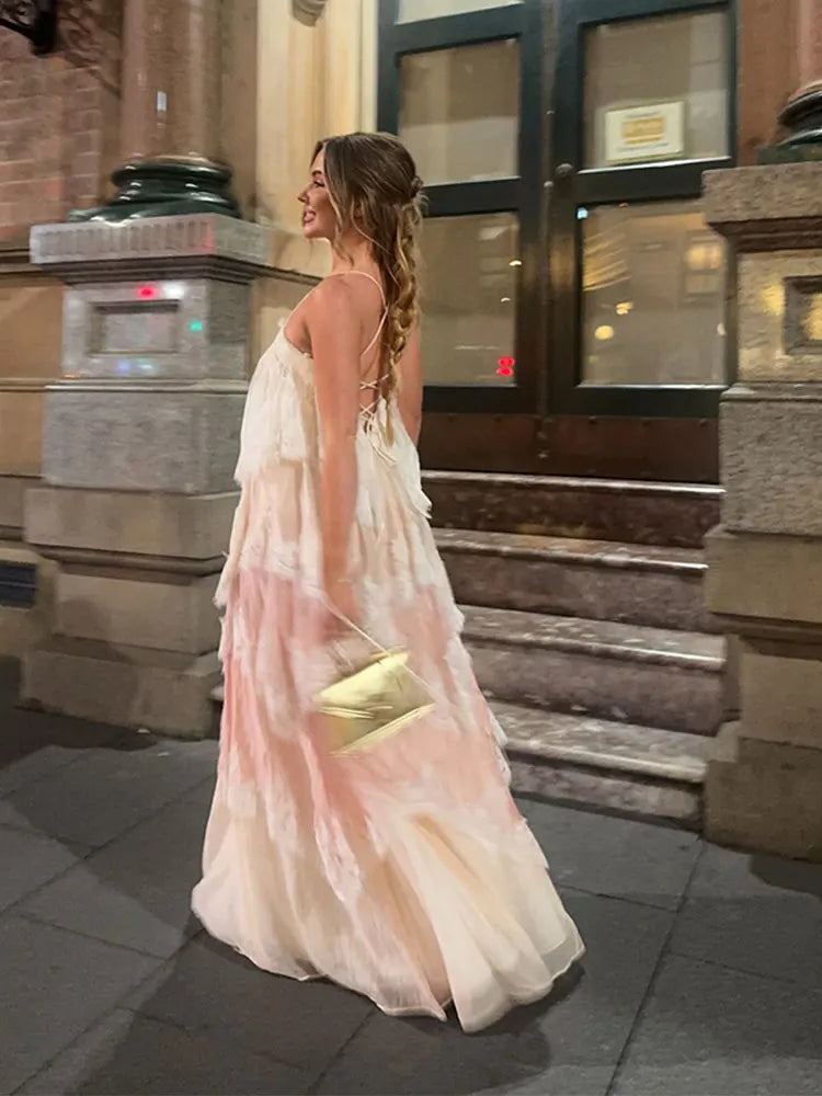 Chic Lace Patchwork Layered Sling Dress Women Sleeveless A-line Long Dresses Female Sweet Elegant Summer Party Lady Vestidos
