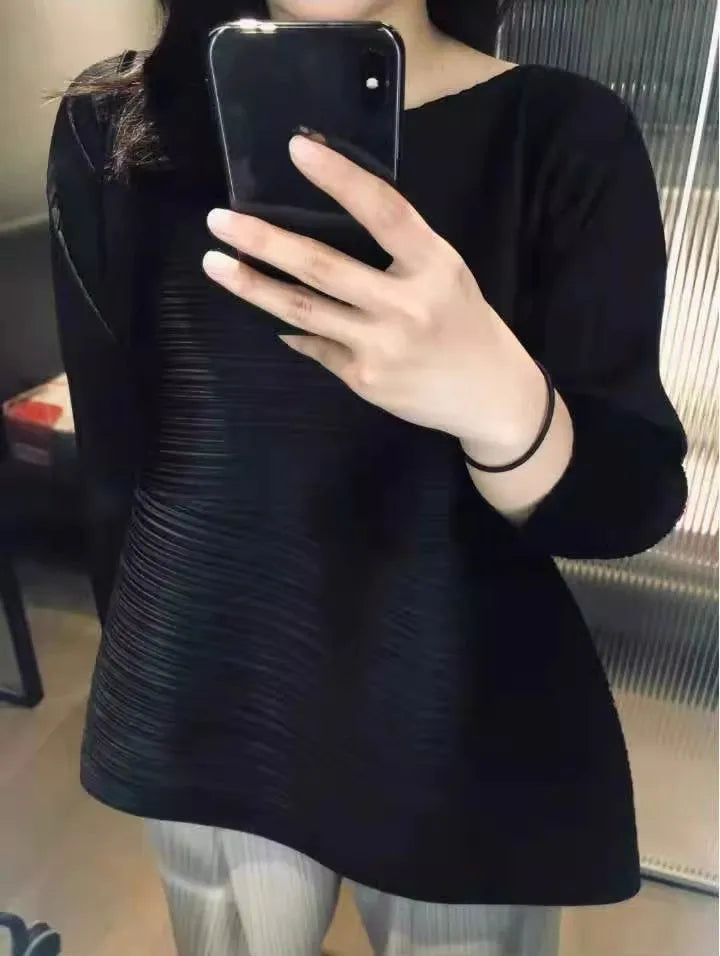 Miyake Pleated Round Neck Irregular Top Women Loose Casual T-shirt
