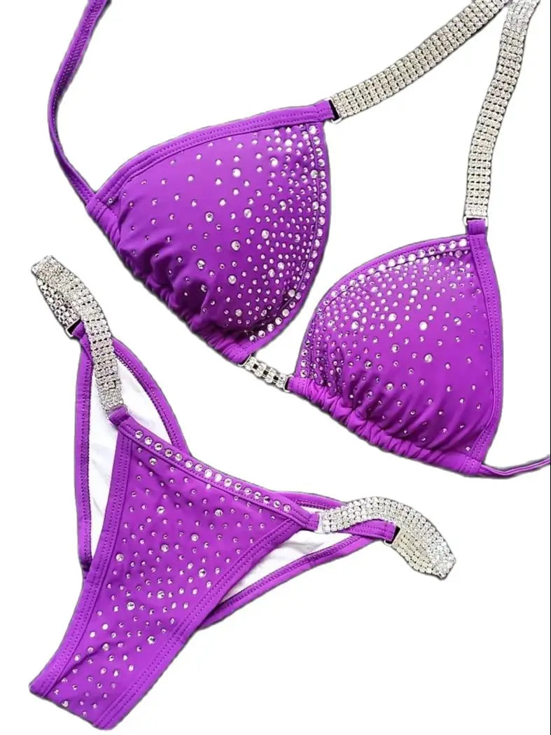 NPC IFBB Pro Competition Bikini Posing Suit for Women Rhinestone Connectors Scrunch Bikini