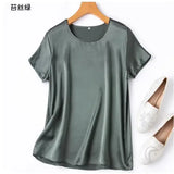Benefits! Flowing Gem Series Basic Style Versatile Round Neck 100% Mulberry Silk Short Sleeve Silk Satin T-Shirt Top