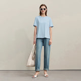 Amii T-shirt Women 2026 Summer New O-Neck Side Slit Cotton Tee Embroidered Letter Lace Accent Women's Short Sleeve Tee 12652029
