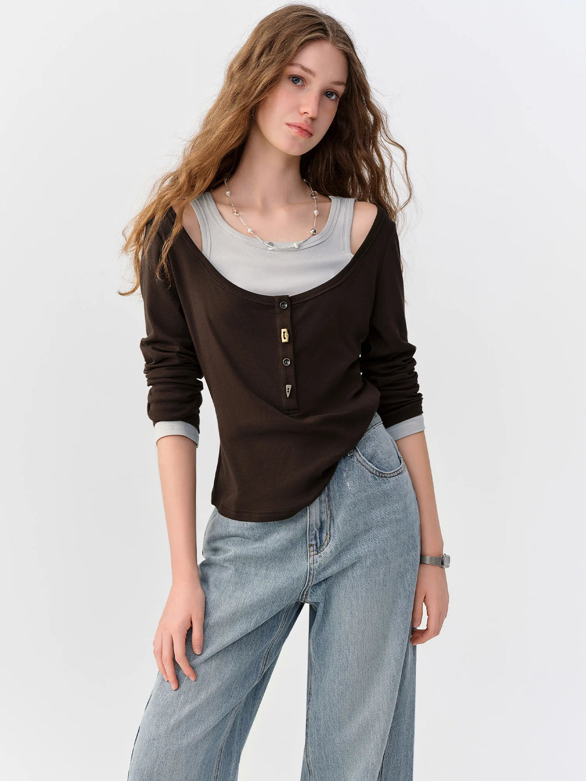 DUSHU 2026 Fall Women's Faux Two-Piece Long Sleeve T-Shirt with Waist-Defining Fit - Stylish Flattering for Office Commute