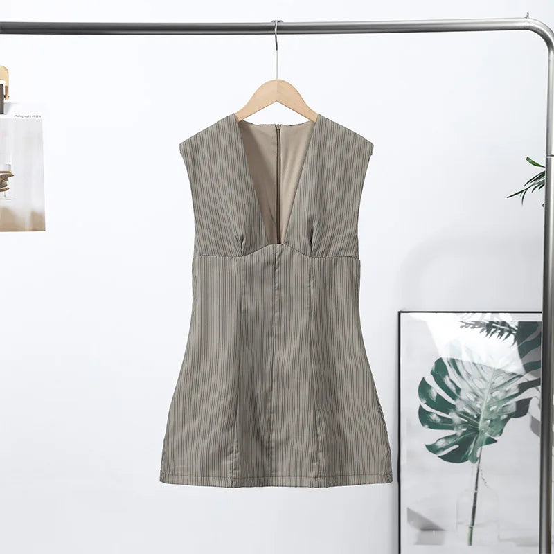 Casual Stripe Sleeveless Mini Dresses Women's Slim Waist-cinching V-neck Dress 2026 New Ladies Spring Summer Solid Outwear