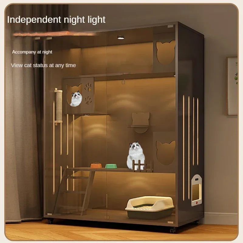 Premium Cream Style Pet Shop Cat Cage Density Board Cat House Double Layer Large Space Glass Door Light