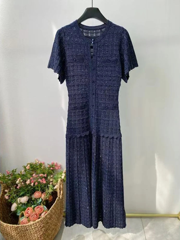 High Quality New Fashion Dark Blue Temperament Knit Long Dress Women Elegant O-neck Hollow-out Short Sleeve Slim Robe Ladies
