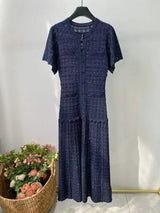 High Quality New Fashion Dark Blue Temperament Knit Long Dress Women Elegant O-neck Hollow-out Short Sleeve Slim Robe Ladies