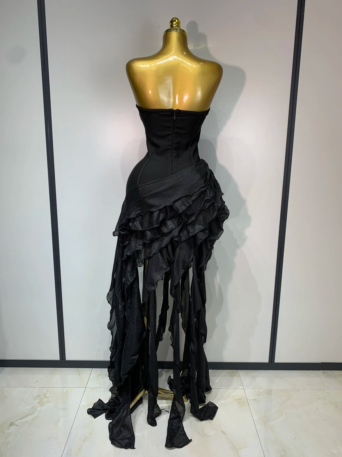 Women Sexy Strapless Ruffles Black Bandage Dresses 2026 New Nightclub Eveing Party Dress Celebrate Birthday Cocktail Clothing