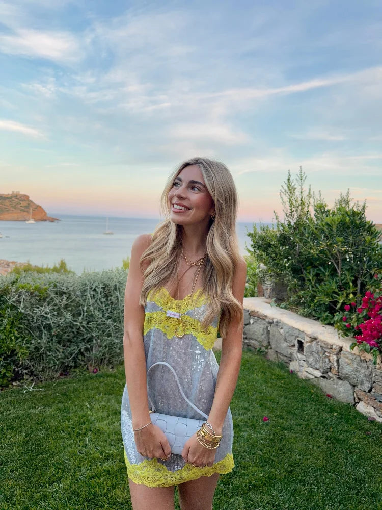 Silver Yellow Patchwork Lace Slip Mini Dress Casual V-neck Sheer Lace Trim Robes Women's Summer Beach Vacation Gowns 2026 New
