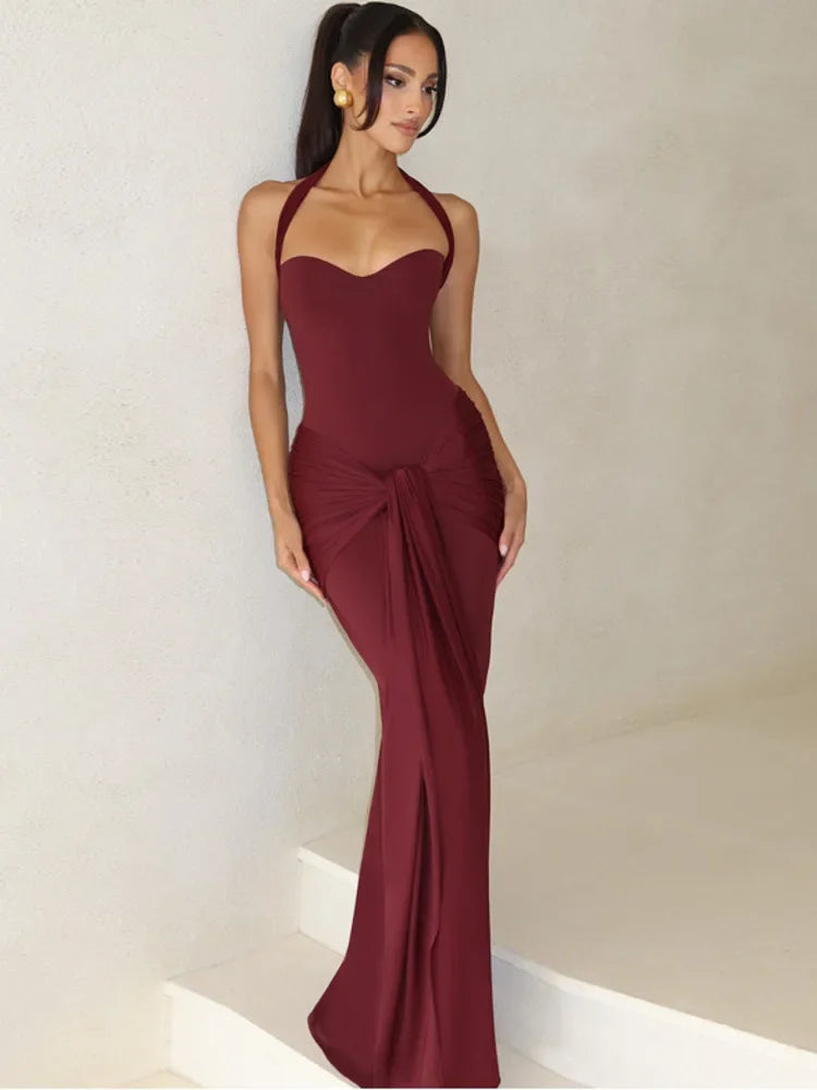 Sexy Back Lace Up Halter Neck Long Dress Women Backless Ruched Waist Draped Bodycon Dresses Party Evening Cocktail Vestidos