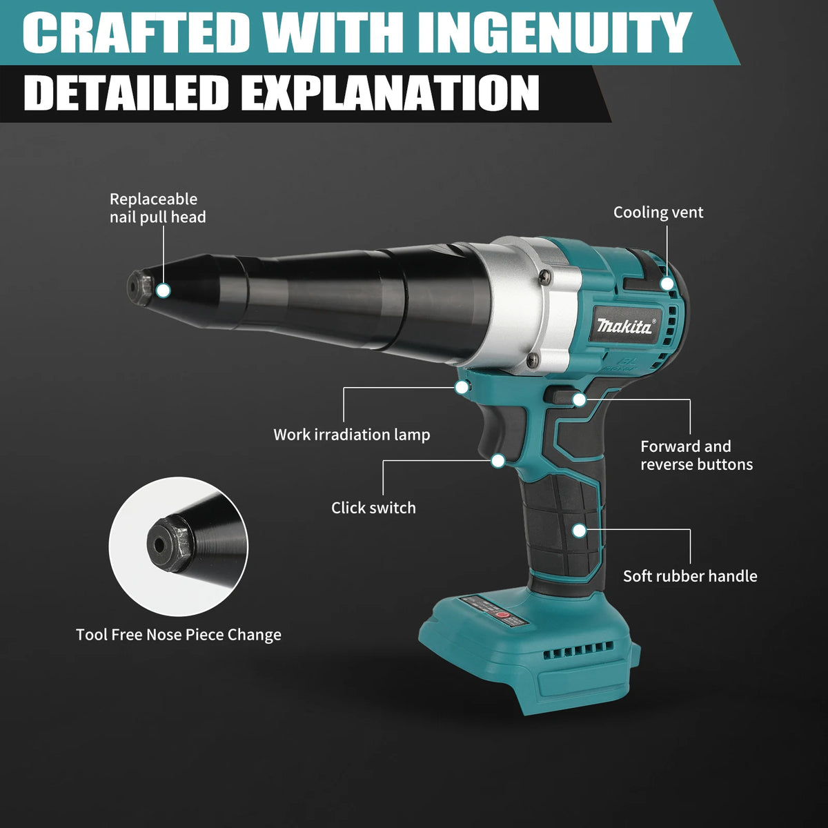 Makita 18V Electric Rivet Gun 3.2-4.8mm Tool Free Nozzle Replacement Low Vibration Heavy Duty Industrial Riveting tools