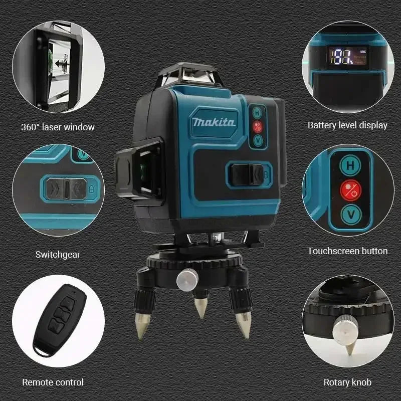 Makita 18V Battery, 360 laser levels, 12/16 line green beam, 360 self-leveling high-precision horizontal and vertical reticle.
