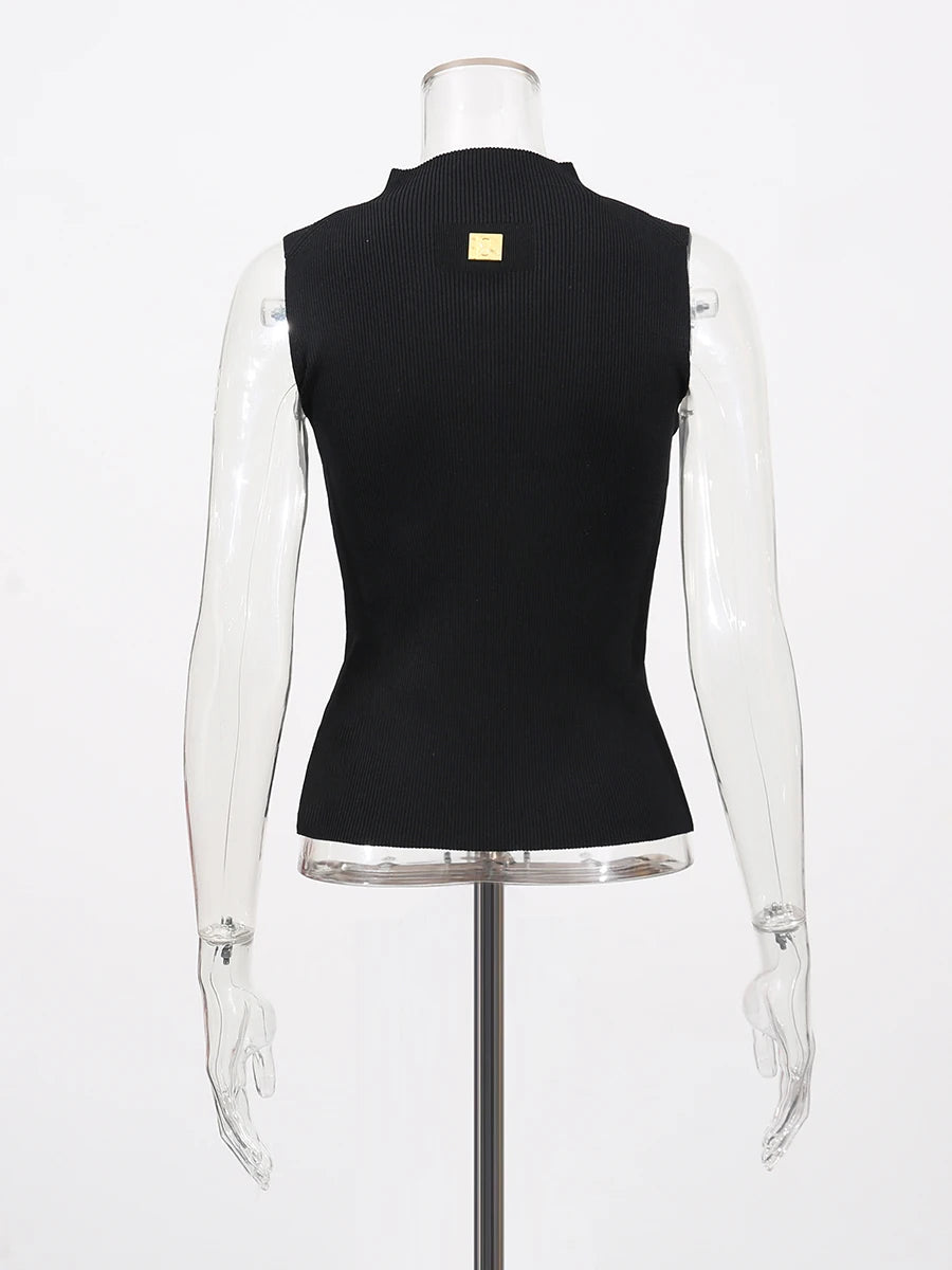 TWOTWINSTYLE Solid Spliced Metal Buckle Slimming T Shirts For Women Turtleneck Sleeveless Minimalist T Shirt Female Fashion New