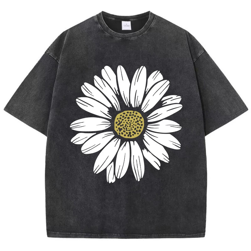 Simple Beautiful Sunflower Prints Washed T-Shirts Women Cottont Shirts O-Neck Oversized Acid Wash Tops Vintage Woman Streetwear