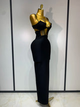 Fashion Black Spaghetti Strap Maxi Long Bandage Dress Mesh Cut Out Elegant Celebirty Bodycon Evening Club Party Birthday Dresses