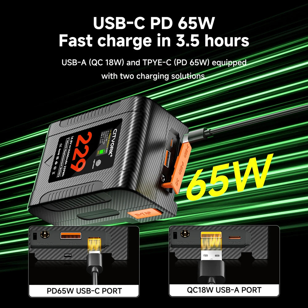 V Mount Battery V Lock BP-229 BP Portable Bateria with PD 65W Fast Charge Port for Sony Camcorder Camera Video Light Blackmagic
