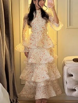Elegant Floral Women's Cake Dress Bell-Bottomed Sleeve Stand Collar Waist-Closed Lady Dresses 2026 Spring Summer Female Robe