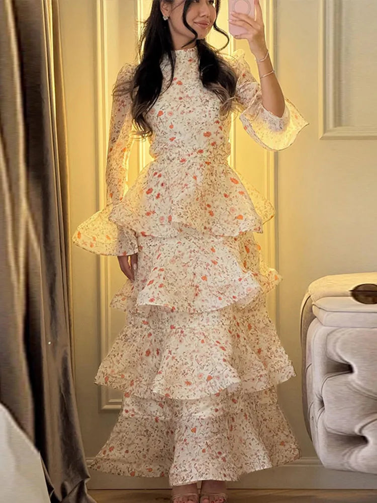 Elegant Floral Women's Cake Dress Bell-Bottomed Sleeve Stand Collar Waist-Closed Lady Dresses 2026 Spring Summer Female Robe