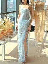 DEAT 2026 mesh dress for vacation,single straps high waist long vestido,pullover sheer fake two pieces party dresses