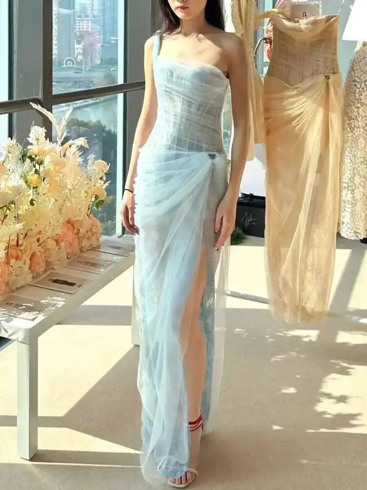 DEAT 2026 mesh dress for vacation,single straps high waist long vestido,pullover sheer fake two pieces party dresses