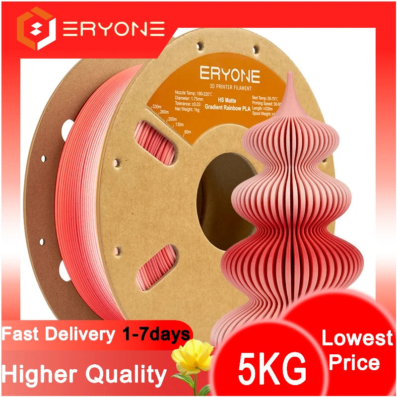 ERYONE 5KG Hyper Speed Matte Gradient Rainbow PLA Filament 1.75mm 3D Print,Max Print Speed:500mm/s,Multicolor,1KG/Spool