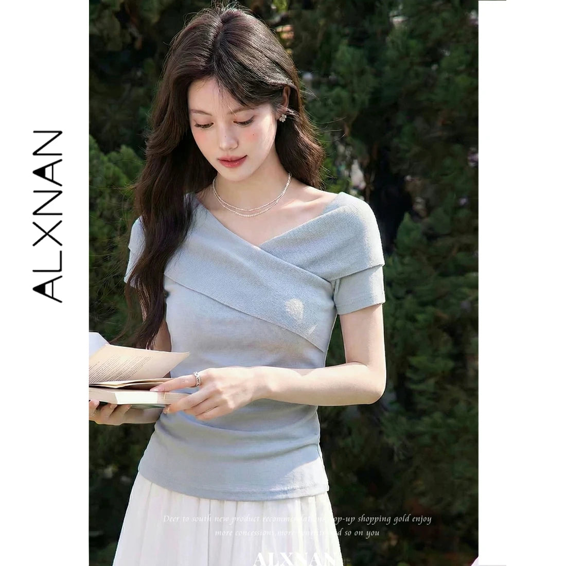 ALXNAN Black T-shirts 2026 Summer Cross V-neck Knit Short Sleeve T-shirt Women Elegant Casual Fashion Female Clothing L62865A
